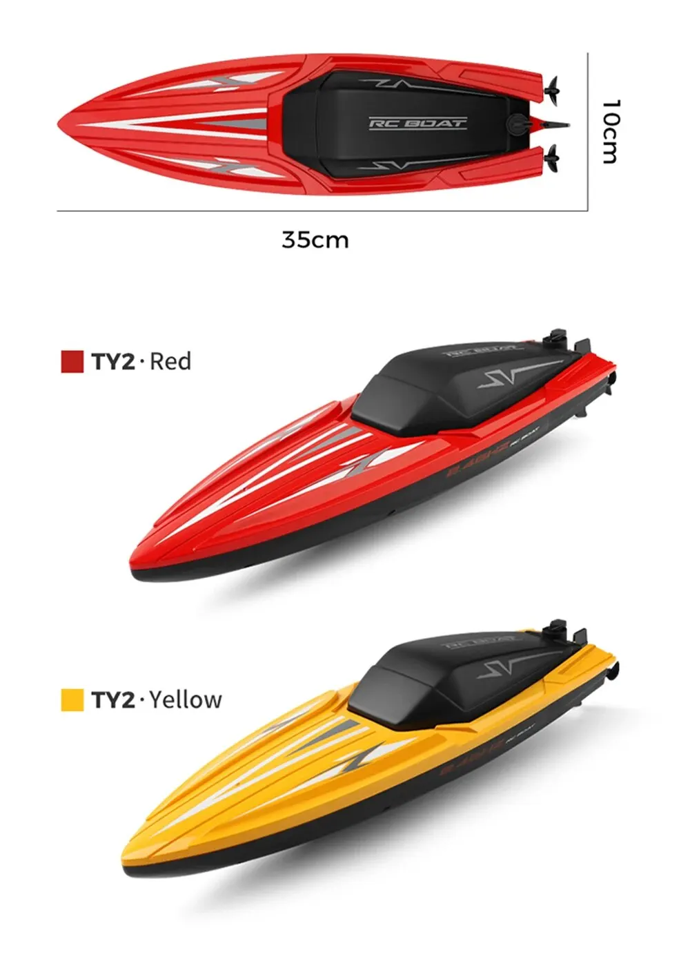 Bateaux télécommandés Aquaracer TY2, disponibles en rouge et jaune, profil aérodynamique pour des performances de haute vitesse sur l'eau.