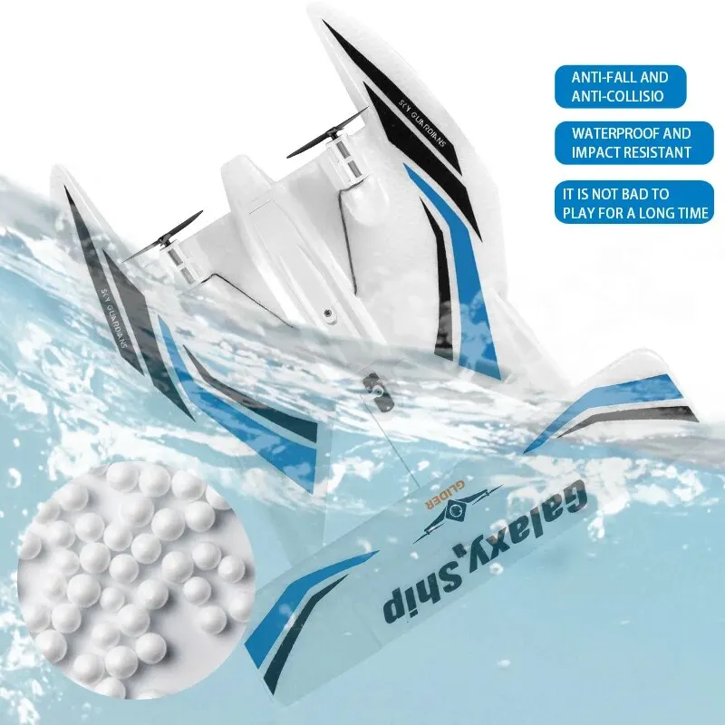 Planeur RC AquaSky KF603 blanc avec inscription Galaxy Ship, résistant à l'eau et aux chocs, idéal pour une utilisation prolongée et fiable.