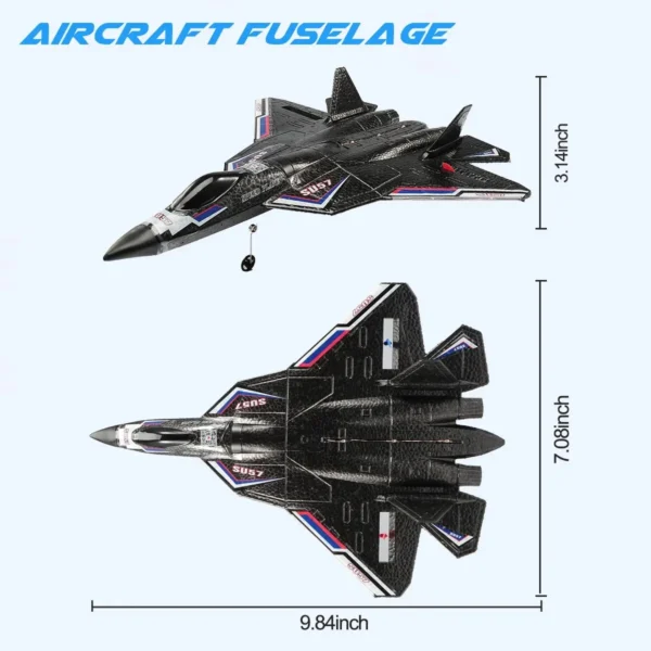 Vue de profil et de dessus de l'avion RC SU-57, mettant en évidence les dimensions du fuselage : longueur de 9,84 pouces et envergure de 7,08 pouces.
