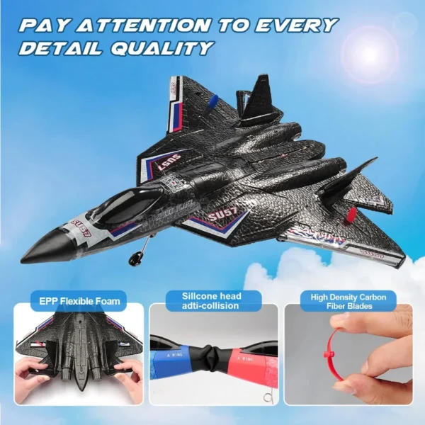 Avion de chasse RC modèle SU-57 avec des caractéristiques de haute qualité telles que la mousse flexible EPP et une tête en silicone anti-collision, ainsi que des pales en fibre de carbone haute densité.