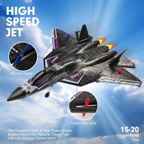 Avion RC SU-57 en vol, doté d'une spirale puissante et d'hélices en fibre de carbone, promettant 15-20 minutes de temps de vol grâce à sa batterie lithium performante.