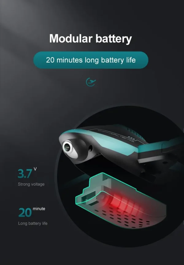 Batterie modulaire de drone avec 20 minutes d'autonomie, tension de 3.7 V, présentée à côté d'une vue partielle du drone, sur un fond sombre.