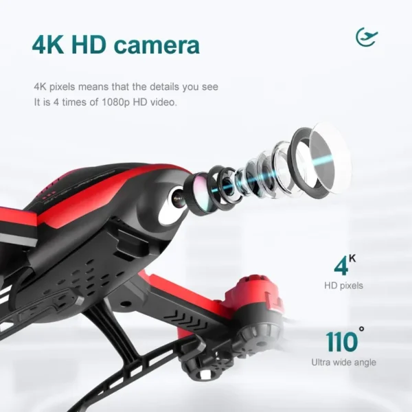 Zoom sur la caméra 4K HD du Drone Mini V10 RC rouge et noir, indiquant la résolution 4K et un angle de vue ultra large de 110°.