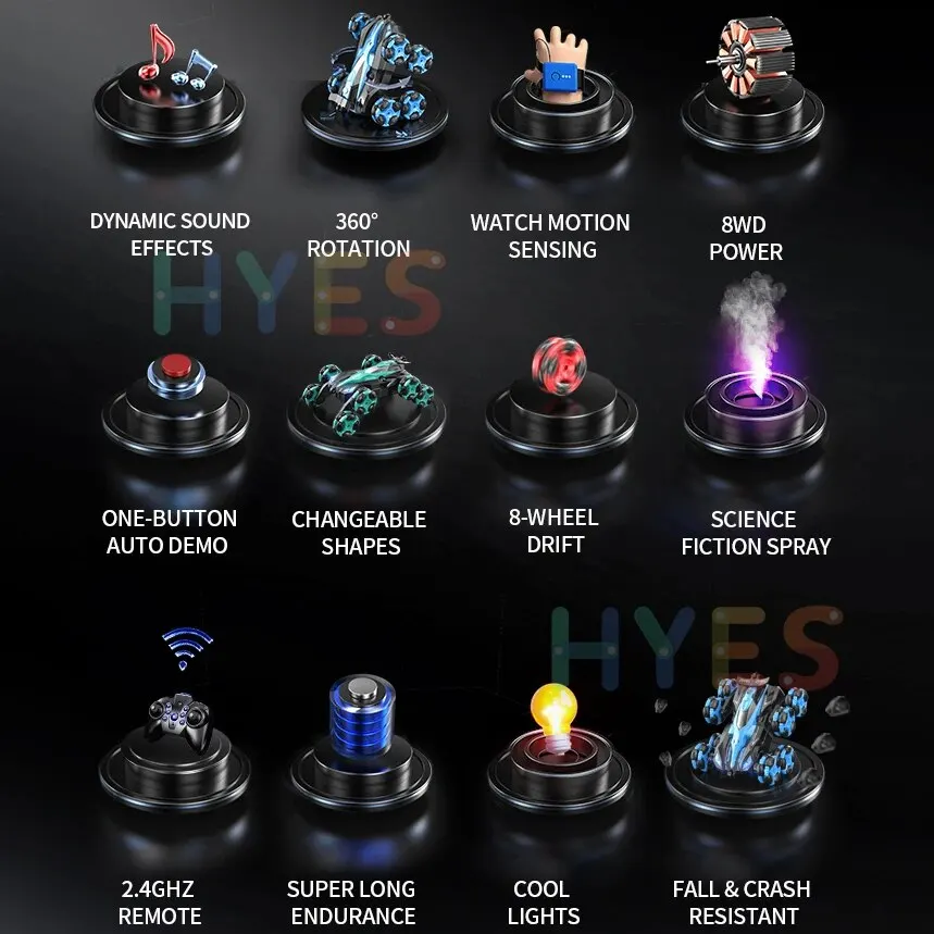 Caractéristiques clés de la voiture RC à 8 roues : Effets sonores dynamiques, rotation à 360 degrés, capteur de mouvement, puissance 8WD, démo automatique, formes modifiables, drift, vaporisateur de style science-fiction, télécommande 2.4GHZ, grande autonomie, lumières LED et résistance aux chutes.
