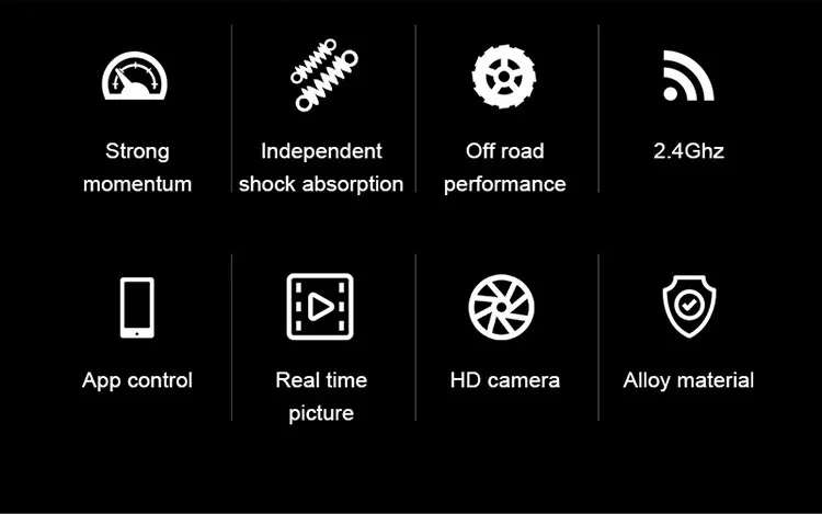 Caractéristiques clés de la voiture RC cascadeuse : puissance, absorption des chocs, performance tout-terrain, contrôle via app, image en temps réel, caméra HD, matériaux en alliage - véhicule-rc.store