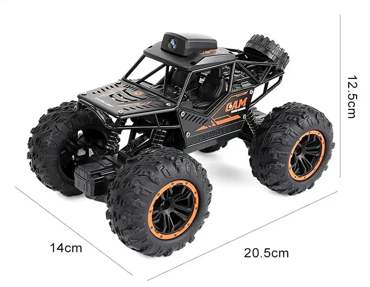 Dimensions de la voiture RC cascadeuse avec caméra HD : 20.5 cm de long, 14 cm de large et 12.5 cm de haut - véhicule-rc.store