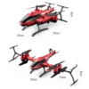 Drone RC Mini V10 rouge et noir doté d'une caméra HD 4K, présenté sous différents angles avec ses dimensions sur un fond blanc.