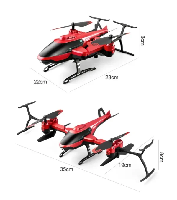 Drone RC Mini V10 rouge et noir doté d'une caméra HD 4K, présenté sous différents angles avec ses dimensions sur un fond blanc.