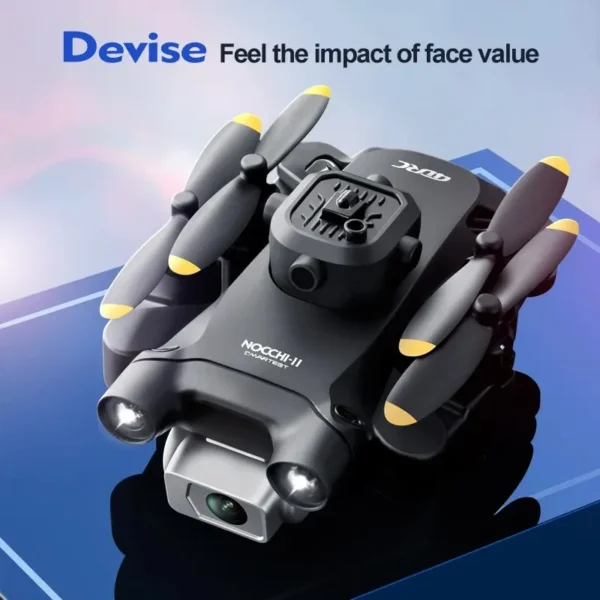 Drone Mini V30 avec un design moderne, hélices avec embouts jaunes, illustrant l'impact de son esthétique soignée et de sa caméra HD 4K intégrée.
