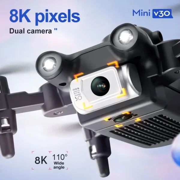 Caméra double 8K du drone Mini V30, dotée d'un objectif grand angle de 110 degrés pour des prises de vue aériennes larges et détaillées.