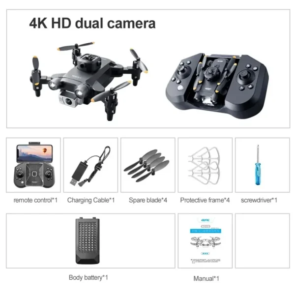 Pack complet du drone Mini V30 avec caméra HD 4K, télécommande, câble de chargement, lames de rechange, cadre de protection, tournevis, batterie et manuel.