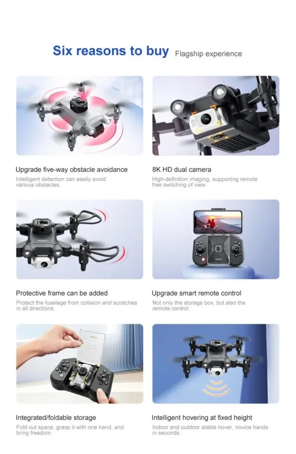 Drone Mini V30 offrant six avantages d'achat : évitement d'obstacles intelligent, caméra double 8K HD, cadre de protection, télécommande intelligente, stockage intégré/pliable, et vol stationnaire intelligent à hauteur fixe.