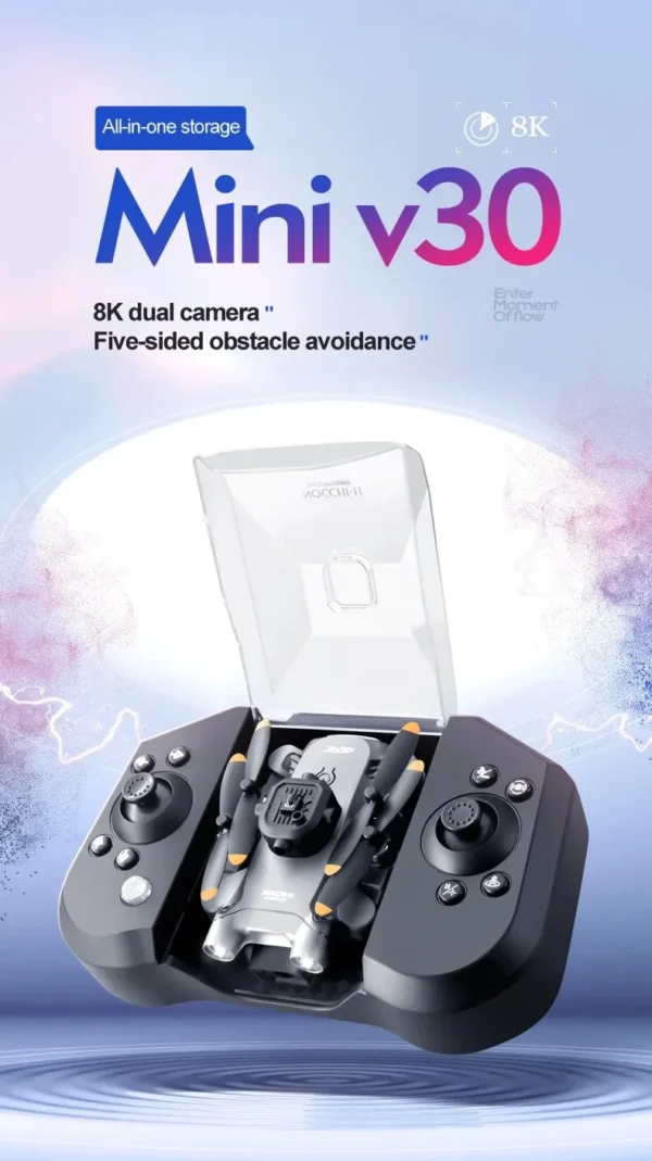Drone Mini V30 innovant avec caméra double 8K et système d’évitement d’obstacles sur cinq côtés, intégré dans une télécommande compacte avec rangement.