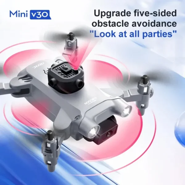 Drone Mini V30 affichant la fonctionnalité d'évitement d'obstacles sur cinq côtés avec des capteurs lumineux, garantissant une sécurité accrue lors du vol.