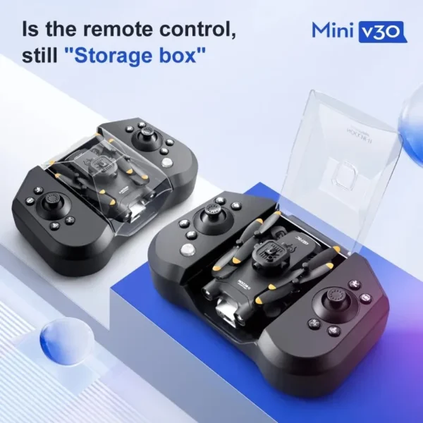 Télécommande innovante du drone Mini V30 faisant office de boîte de rangement pour une organisation et un transport optimisés.