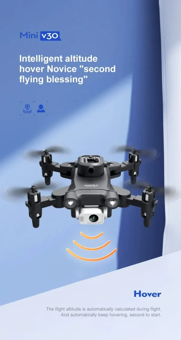 Drone Mini V30 équipé de capteur de gravité mobile en action.