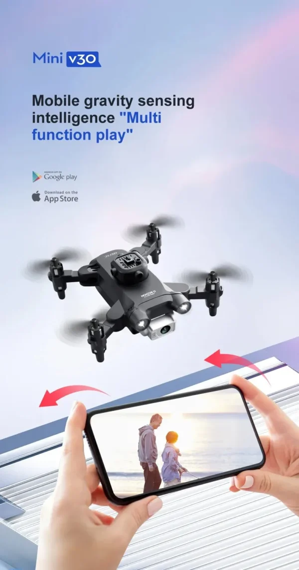 Drone Mini V30 équipé de capteur de gravité mobile en action.