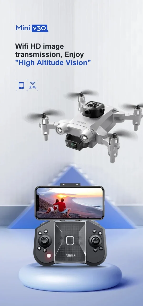 Drone Mini V30 avec transmission d’image HD via Wifi pour une vision en haute altitude.