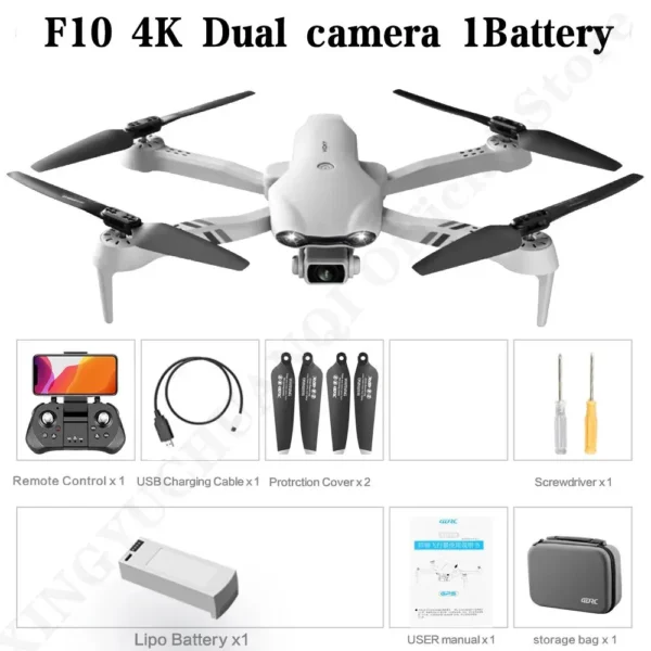 Drone professionnel F10 avec double caméra 4K et batterie, incluant télécommande, câble de charge, protections d'hélices, tournevis et sac de transport