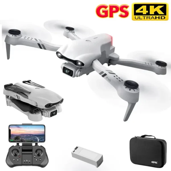 Drone Skycapture F10 avec GPS et caméra 4K Ultra HD, montré avec la télécommande, la batterie, et le sac de rangement