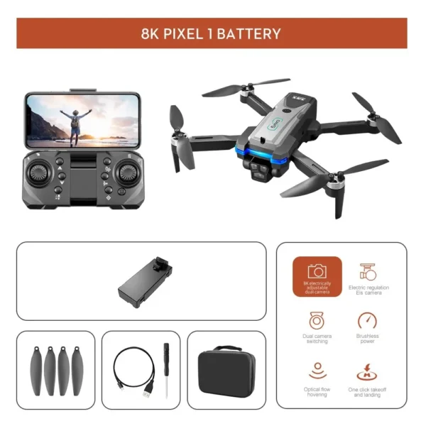 Ensemble complet du drone SkyEagle S8S avec télécommande, batterie, hélices de rechange, et étui, prêt pour une performance de vol exceptionnelle.