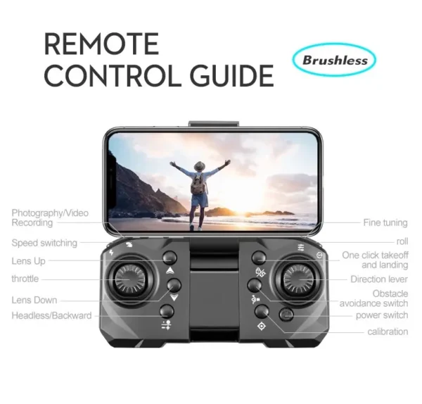 Guide de télécommande pour drone SkyEagle S8S avec affichage d'une image de paysage sur écran, montrant des capacités avancées de prise de vue et de vol.
