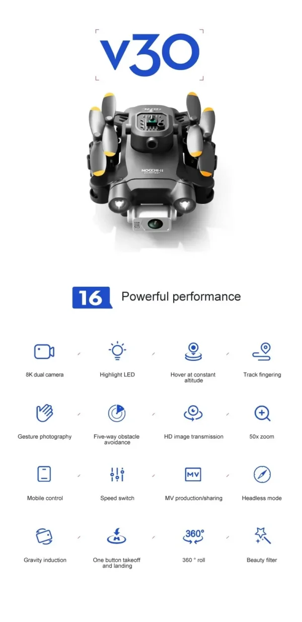 Drone V30 avec 16 caractéristiques de performance puissante
