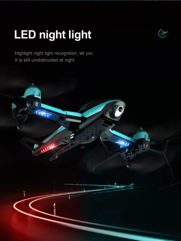 Drone Mini V10 RC avec éclairage LED nocturne bleu et rouge, survolant une route sombre, mettant en valeur sa reconnaissance lumineuse dans l'obscurité.