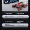 Spécifications détaillées de la voiture RC cascadeuse à 8 roues avec informations sur les matériaux, couleurs, batterie et fonctions.