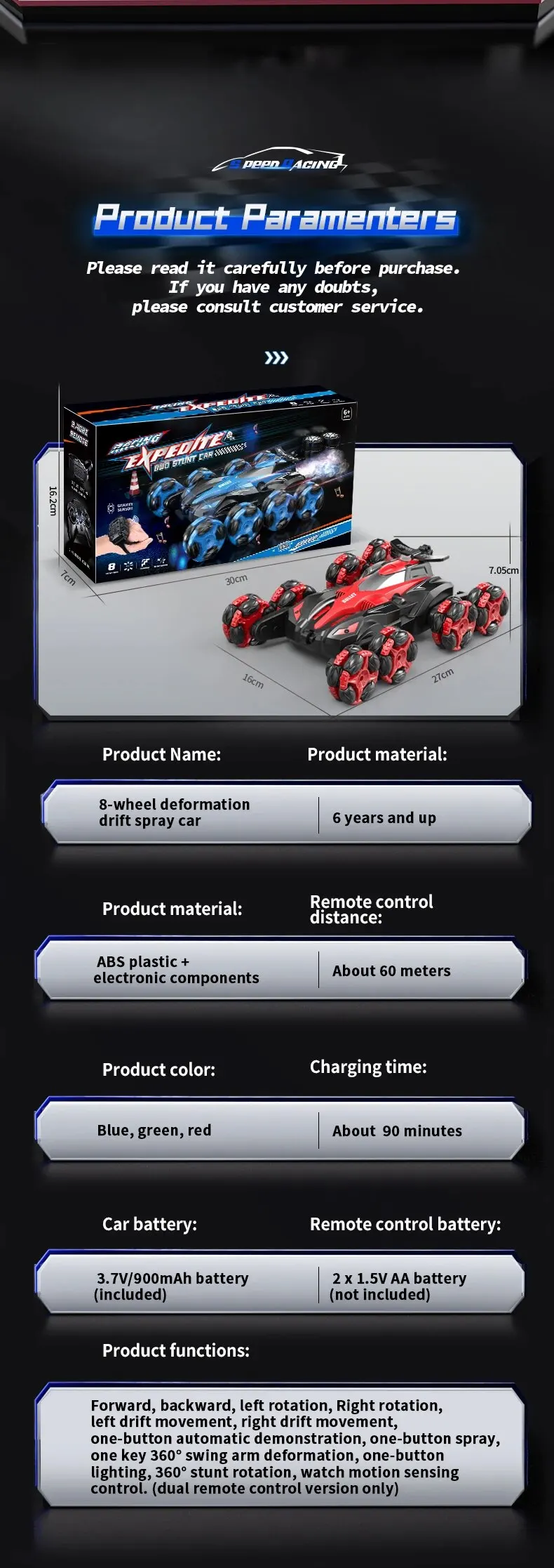 Spécifications détaillées de la voiture RC cascadeuse à 8 roues avec informations sur les matériaux, couleurs, batterie et fonctions.