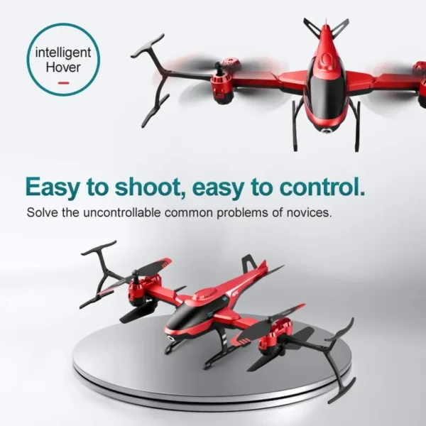 Drone Mini V10 RC rouge en vol stationnaire au-dessus d'une surface réfléchissante avec la mention "vol stationnaire intelligent".