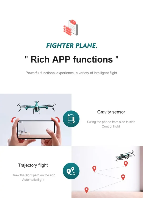 Fonctionnalités de l'application mobile pour le Drone Mini V10 RC incluant un capteur de gravité et un vol de trajectoire, illustrées par des mains tenant un smartphone et un drone suivant un parcours défini.