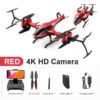 Drone Mini V10 RC rouge équipé d'une caméra 4K HD, accompagné de ses accessoires incluant télécommande, pales de rechange, tournevis, batterie et câble de chargement.