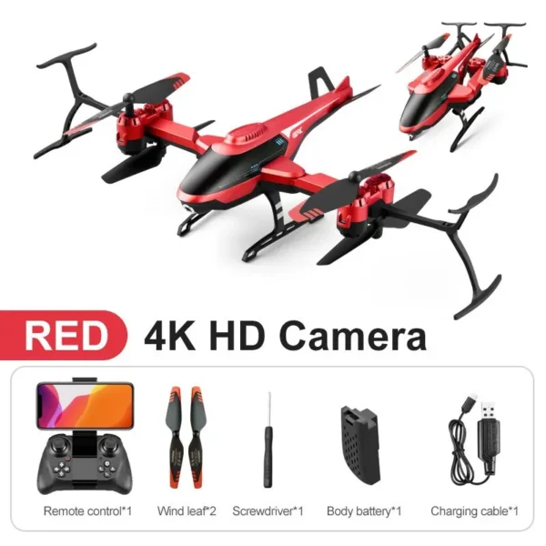 Drone Mini V10 RC rouge équipé d'une caméra 4K HD, accompagné de ses accessoires incluant télécommande, pales de rechange, tournevis, batterie et câble de chargement.