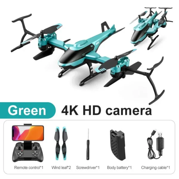 Drone Mini V10 RC de couleur verte avec caméra 4K HD, incluant des accessoires tels que la télécommande, les pales de rechange, le tournevis, la batterie et le câble de chargement.