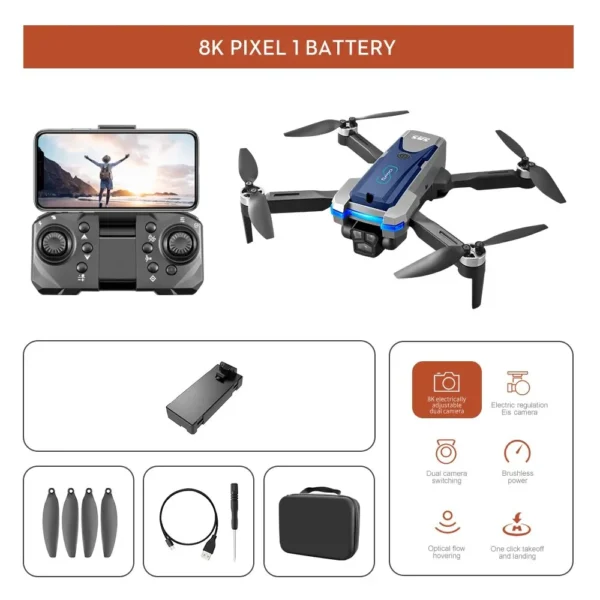 Kit complet du drone SkyEagle S8S avec caméra 8K, incluant télécommande, batteries, hélices de rechange, et étui de transport.