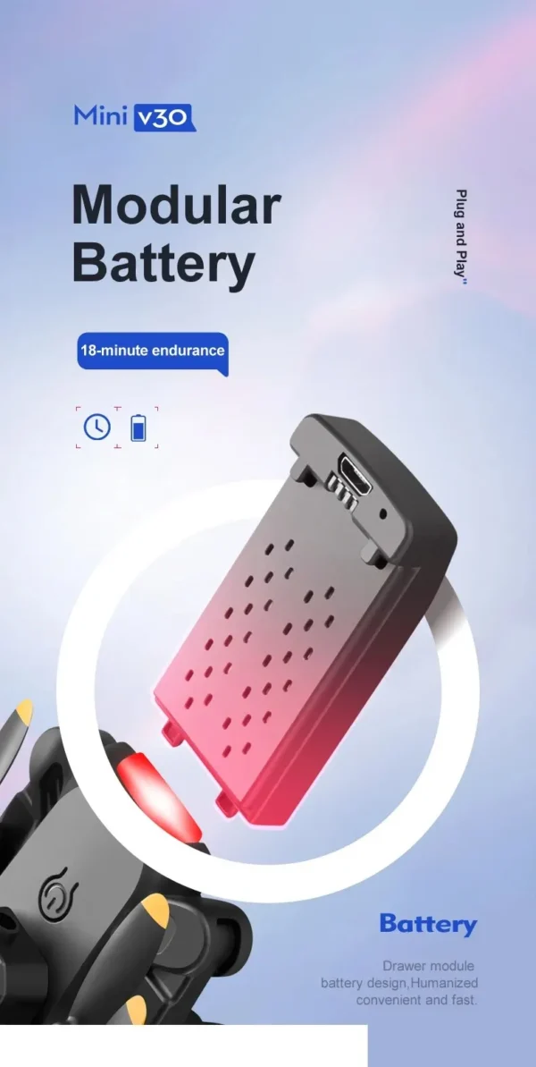 Batterie modulaire Mini V30 offrant 18 minutes d’autonomie, design pratique pour remplacement rapide.