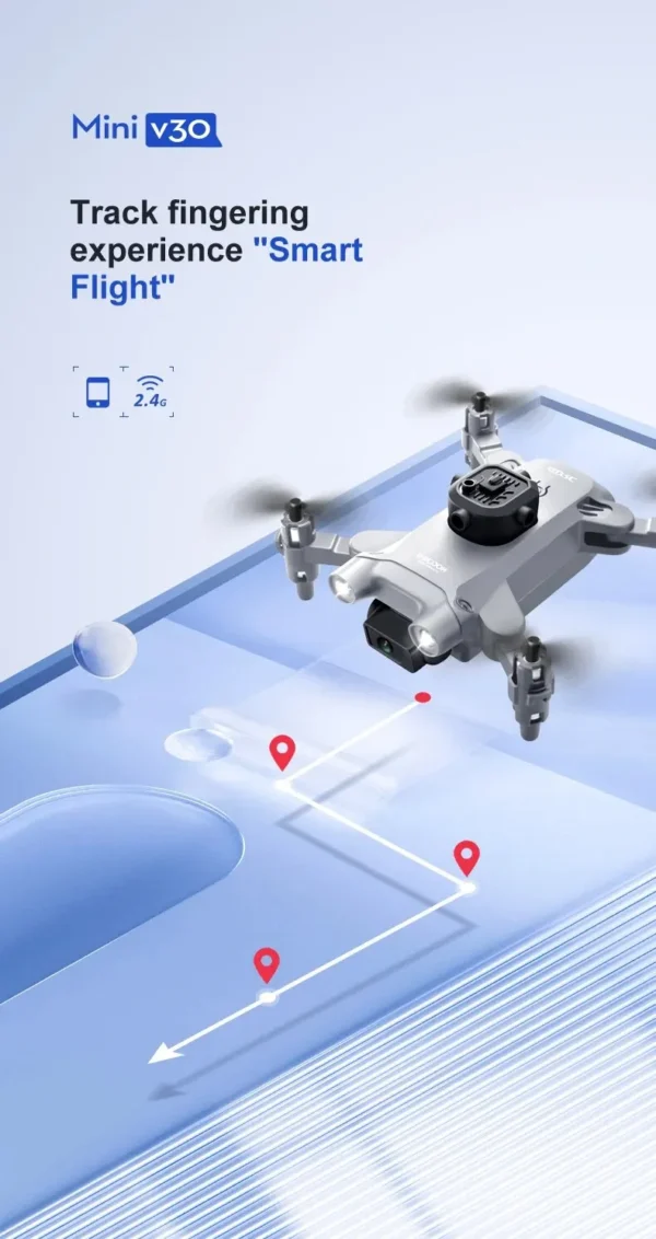 Drone Mini V30 en vol, démontrant la technologie ‘Smart Flight’ pour le suivi du mouvement.