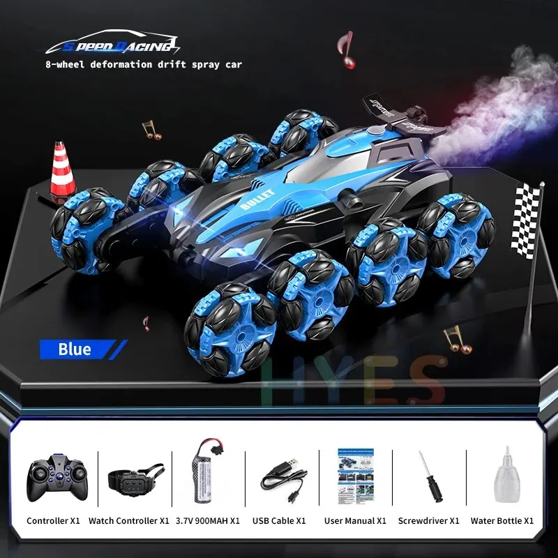 Pack voiture RC bleue à 8 roues avec mode drift et vaporisateur, incluant télécommande, contrôleur montre, batterie, câble USB, manuel, tournevis et bouteille d'eau.
