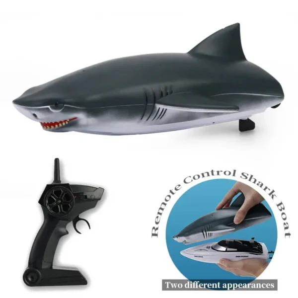 Requin télécommandé en gros plan avec une télécommande noire et une image en incrustation montrant le requin et sa forme de speedboat.