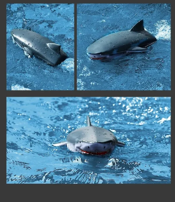 Trois images superposées du requin télécommandé Shark Speedboat RC nageant à la surface de l'eau.