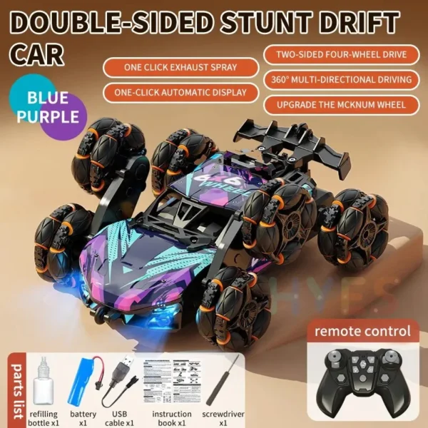 Stuntmaster HY-2370, une voiture RC double face à six roues avec fonction de drift et capacité acrobatique, incluant un vaporisateur et contrôle à distance