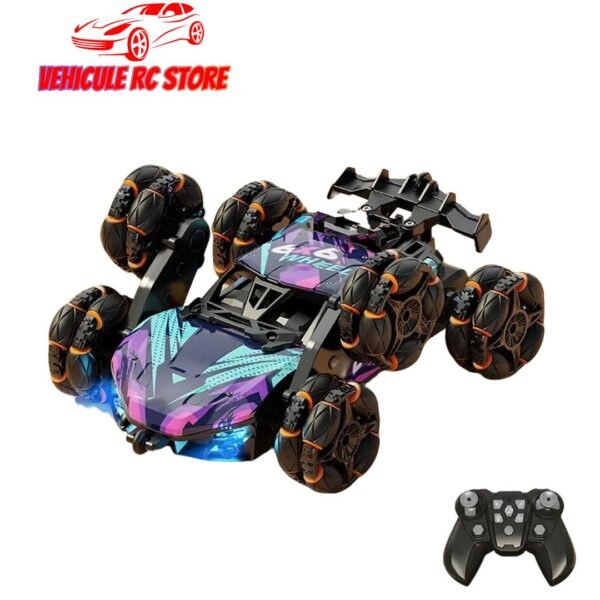 Voiture RC Stuntmaster HY-2370 à six roues avec capacités acrobatiques et éclairage LED, accompagnée d'une télécommande