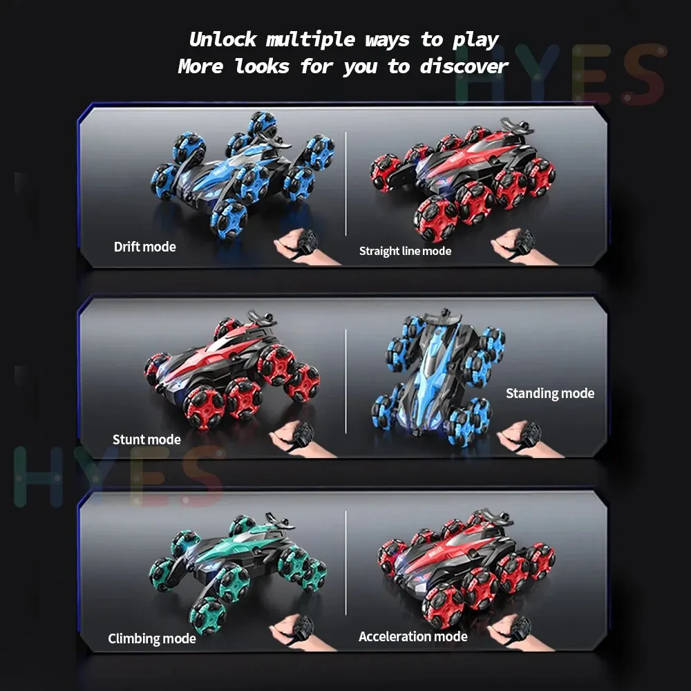 Voiture RC à 8 roues en modes drift, ligne droite, cascades, sur place, escalade et accélération.