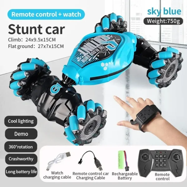 Voiture télécommandée 4WD RC Stunt Car bleue avec contrôle par montre et télécommande, éclairage LED et batterie rechargeable