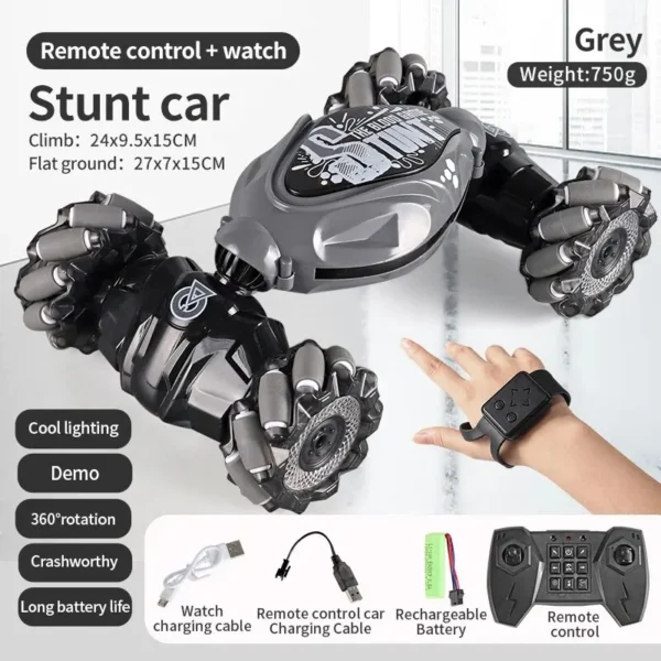 Voiture télécommandée 4WD RC Stunt Car version grise avec contrôle par montre et télécommande, éclairage LED et batterie rechargeable