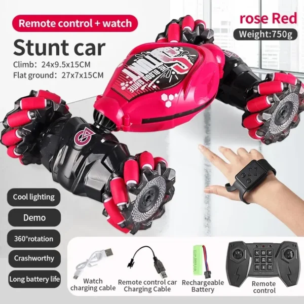 Voiture télécommandée 4WD RC Stunt Car rose avec contrôle par montre et télécommande, éclairage LED et batterie rechargeable