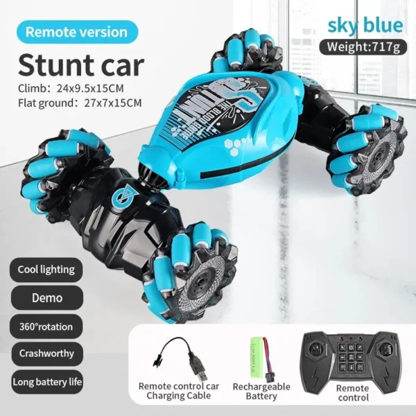 Voiture télécommandée 4WD RC Stunt Car bleue avec rotation à 360°, éclairage LED et batterie rechargeable