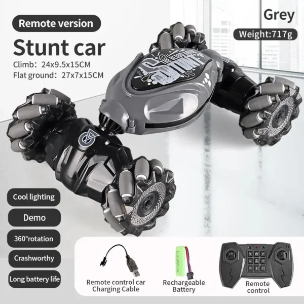 Voiture télécommandée 4WD RC Stunt Car version grise avec rotation à 360°, éclairage LED et batterie rechargeable