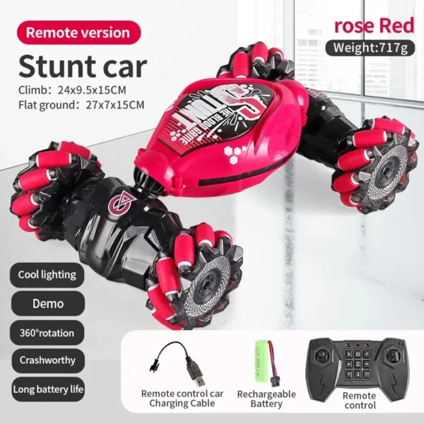 Voiture télécommandée 4WD RC Stunt Car rose avec rotation à 360°, éclairage LED et batterie rechargeable